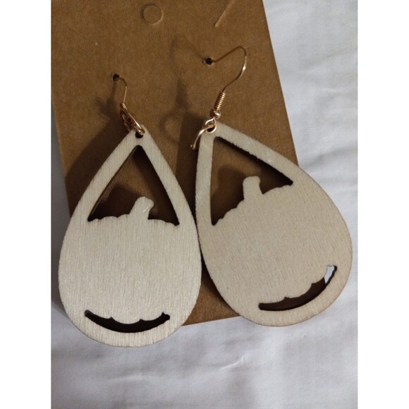 Halloween Dangle Earrings Jack-O-Lanterns Wooden 3 Inch Drop x 1.5 Inches Wide - Picture 3 of 5
